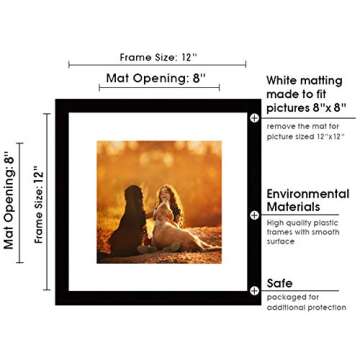pojah 12x12 Black Picture Frame Set of 9,Square Photo Frame with Mat Display Pictures 8x8 or 12x12 W...