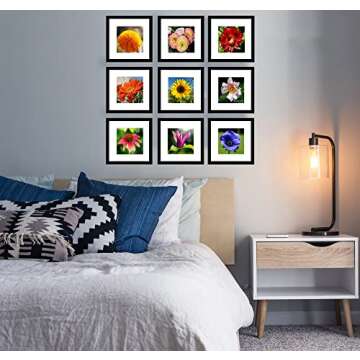 pojah 12x12 Black Picture Frame Set of 9,Square Photo Frame with Mat Display Pictures 8x8 or 12x12 Without Mat,PVC Glass,for Wall Home Office Décor（12x12,9pk,Black）