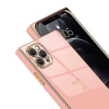 Pepmune Compatible with iPhone 12 Pro Max Case Women Cute Luxury Heart Design Shockproof Soft Girls Square Bling Camera Lens Protective for Apple iPhone 12 Pro Max Phone Cases Pink 6.7 inch