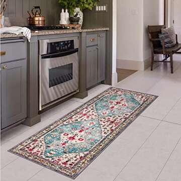 Lahome Boho Tribal Runner Rug - 2x6 Aqua Washable Runners for Hallways Entryway Rug, Turkish Soft Non Skid Indoor Accent Bathroom Carpet Runner for Kitchen Sink Laundry Room Door RV