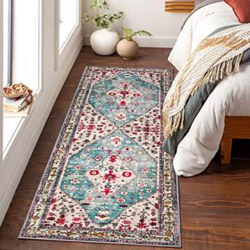Lahome Boho Tribal Runner Rug - 2x6 Aqua Washable Runners for Hallways Entryway Rug, Turkish Soft Non Skid Indoor Accent Bathroom Carpet Runner for Kitchen Sink Laundry Room Door RV