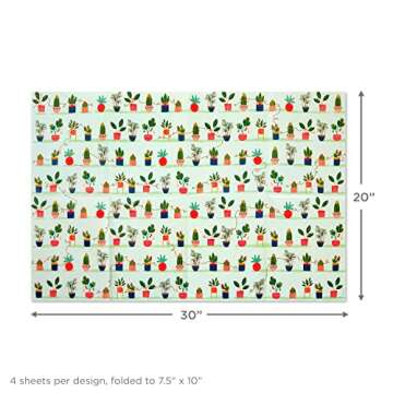 Hallmark Cute Christmas Flat Wrapping Paper Sheets with Cutlines on Reverse (12 Folded Sheets with Sticker Gift Tags) Pink, Mint Green, Plants, Cactus, Presents, Ornaments