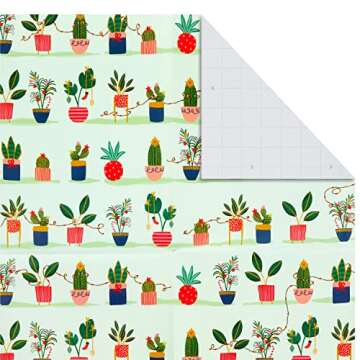 Hallmark Cute Christmas Flat Wrapping Paper Sheets with Cutlines on Reverse (12 Folded Sheets with Sticker Gift Tags) Pink, Mint Green, Plants, Cactus, Presents, Ornaments