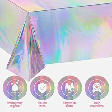 OHOME 4 Pack Iridescence Plastic Tablecloths Disposable Galentines Day Decorations Rectangle Table Covers Birthday Disco Bachelorette Bridal Wedding Rainbow Iridescent Party Decorations 54" x 108"
