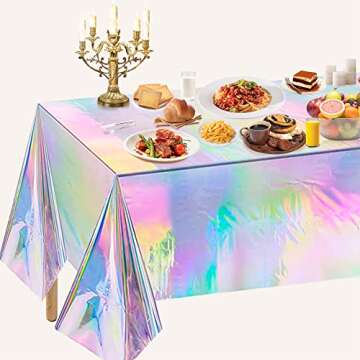 OHOME 4 Pack Iridescence Plastic Tablecloths Disposable Galentines Day Decorations Rectangle Table Covers Birthday Disco Bachelorette Bridal Wedding Rainbow Iridescent Party Decorations 54" x 108"