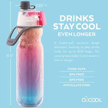 O2COOL ArcticSqueeze Insulated Mist 'N Sip Water Bottle | BPA Free, 2-in-1 Mist and Sip Function w/No Leak, Locking Pull Top Spout : 20 oz | Color Collection: Ombre, Raspberry Ombre