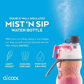O2COOL ArcticSqueeze Insulated Mist 'N Sip Water Bottle | BPA Free, 2-in-1 Mist and Sip Function w/No Leak, Locking Pull Top Spout : 20 oz | Color Collection: Ombre, Raspberry Ombre