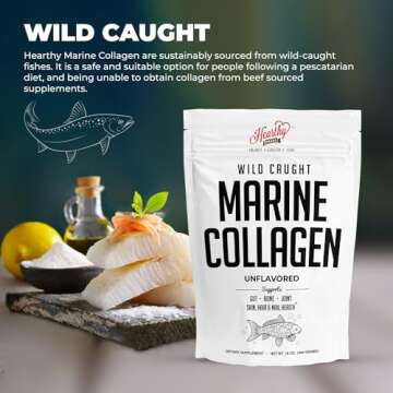 HEARTHY FOODS Marine Collagen Powder 16 Oz - Sourced from Wild-Caught Fish, Pescatarian Friendly, Keto Certified & Non-GMO Verified - Easy to Mix in Water - 45 Servings