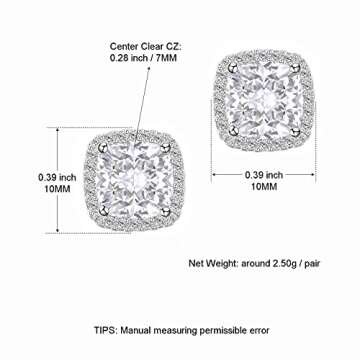 CZ Stud Earrings, Halo Stud Earrings for Women YOMELA White Gold 10MM Square Cubic Zirconia Stud Ear...
