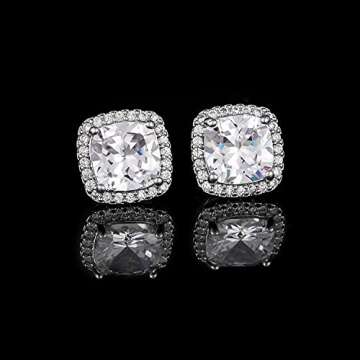 CZ Stud Earrings, Halo Stud Earrings for Women YOMELA White Gold 10MM Square Cubic Zirconia Stud Earrings Hypoallergenic for Women