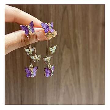 Purple Butterfly Tassel Style Zircon Earrings for Women Crystal Rhinestone Drop Earrings Long Butter...