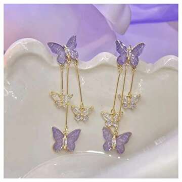Purple Butterfly Tassel Style Zircon Earrings for Women Crystal Rhinestone Drop Earrings Long Butterfly Dangle Earrings Wedding Jewelry for Women