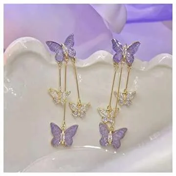 Purple Butterfly Tassel Style Zircon Earrings for Women Crystal Rhinestone Drop Earrings Long Butterfly Dangle Earrings Wedding Jewelry for Women