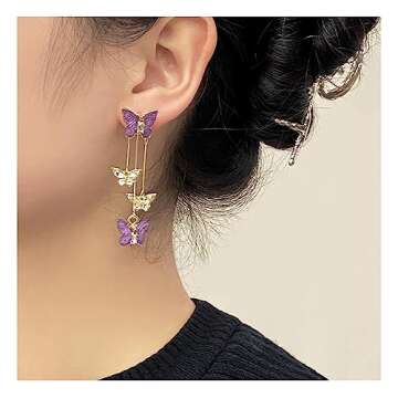 Purple Butterfly Tassel Style Zircon Earrings for Women Crystal Rhinestone Drop Earrings Long Butterfly Dangle Earrings Wedding Jewelry for Women
