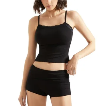 SUUKSESS Women 2 Piece Lounge Sets Shorts Pajama Set SLeeveless Lace Trim Tank Top Crop Cami Outfits (Jet Black,S)
