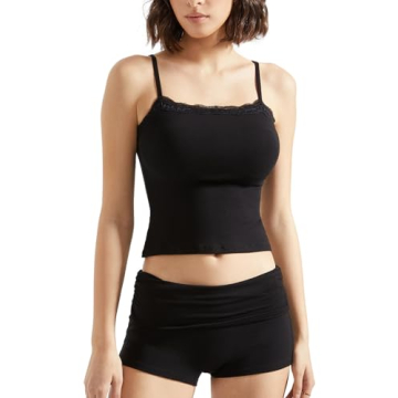 SUUKSESS Women 2 Piece Lounge Sets Shorts Pajama Set SLeeveless Lace Trim Tank Top Crop Cami Outfits (Jet Black,S)