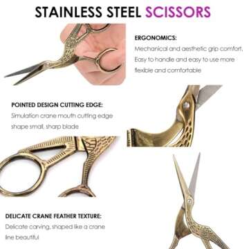 2 Pcs Vintage Stork Shape Sewing Scissors Embroidery Scissors Bronze Stainless Steel Crane Design Sewing Stork Shears Scissors Stork Scissors for DIY Embroidery Crafting Sewing(Bronze)