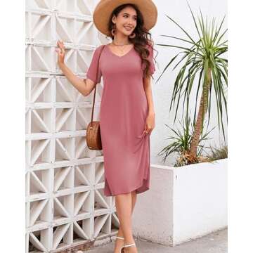 Solid Swing Dress for Women Casual V Neck Side Split Short Sleeve Dresses Rose X-Large