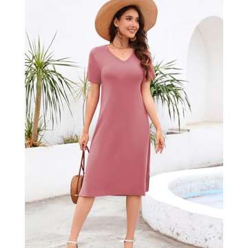 Solid Swing Dress for Women Casual V Neck Side Split Short Sleeve Dresses Rose X-Large