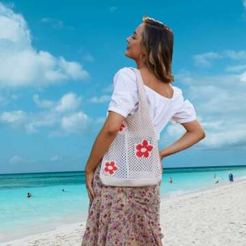 CATMICOO Crochet Beach Bag Tote: Small Knit Bag Summer Shoulder Bag for Vacation