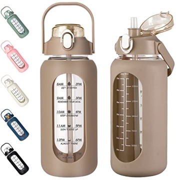 Kytffu 64oz Glass Water Bottle with Straw - Motivational and Durable Design