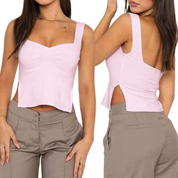 NTSWZYS Womens Sleeveless Strappy Crop Tank Top Skinny Pleated Bustier Sweetheart Neck Going Out Crop Tops Y2K Sexy Slits Cami Shirt (FT-Pink,S)