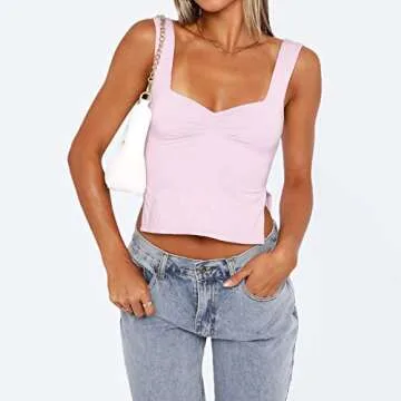 NTSWZYS Womens Sleeveless Strappy Crop Tank Top Skinny Pleated Bustier Sweetheart Neck Going Out Crop Tops Y2K Sexy Slits Cami Shirt (FT-Pink,S)