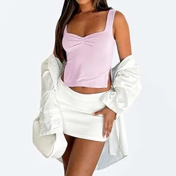 NTSWZYS Womens Sleeveless Strappy Crop Tank Top Skinny Pleated Bustier Sweetheart Neck Going Out Crop Tops Y2K Sexy Slits Cami Shirt (FT-Pink,S)
