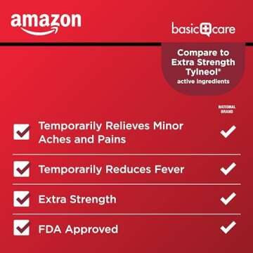 Amazon Basic Care Extra Strength Pain Relief, Acetaminophen Caplets, 500 mg, Pain Reliever/Fever Red...
