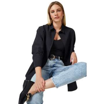 BIG DART Oversized Button Down Shirts for Women, Dressy Casual Long Sleeve Blouses Summer Tops Tunics (US, Alpha, X-Large, Regular, Regular, Black)