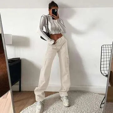 QYANGG High Waist Cargo Pants Women Stretch Baggy Cargo Pants Women Multiple Pockets Relaxed Fit Straight Wide Leg Y2K Pants Beige