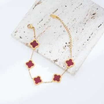 ECNOTX Lucky Bracelets for Women，Luxury 18K Gold Plated Clover Bracelet Gold Lucky Bracelet for Women Flower Four Leaf Bracelets Jewelry Gifts for Women (Red Bracelet), 24cm