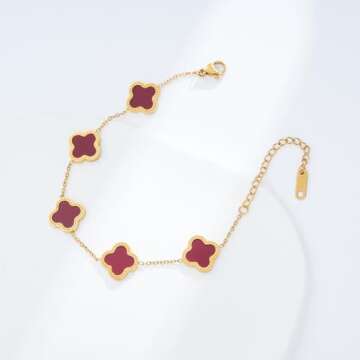 ECNOTX Lucky Bracelets for Women，Luxury 18K Gold Plated Clover Bracelet Gold Lucky Bracelet for Women Flower Four Leaf Bracelets Jewelry Gifts for Women (Red Bracelet), 24cm