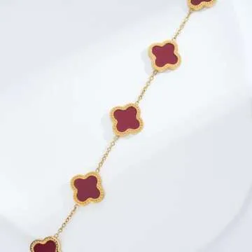 ECNOTX Lucky Bracelets for Women，Luxury 18K Gold Plated Clover Bracelet Gold Lucky Bracelet for Women Flower Four Leaf Bracelets Jewelry Gifts for Women (Red Bracelet), 24cm