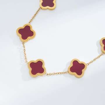 ECNOTX Lucky Bracelets for Women，Luxury 18K Gold Plated Clover Bracelet Gold Lucky Bracelet for Women Flower Four Leaf Bracelets Jewelry Gifts for Women (Red Bracelet), 24cm