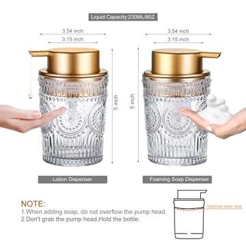 MKLZ 8 Oz Glass Foam Soap Dispenser, Clear Hand Liquid Bottles with Gold Plastic Pump, Refillable Ro...