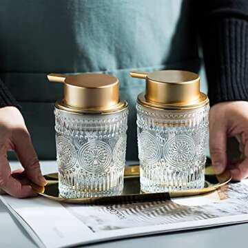 MKLZ 8 Oz Glass Foam Soap Dispenser, Clear Hand Liquid Bottles with Gold Plastic Pump, Refillable Round Foaming Lotion Dispensing for Kitchen Sink & Bathroom Counter