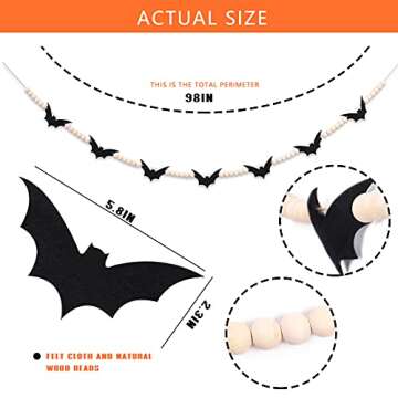 Halloween Black Felt Bats and Wood Beads Garland for Spooky Festivities