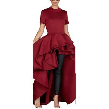 Kearia Women Ruffle High Low Asymmetrical Turtleneck Tops Blouse Shirt Dress