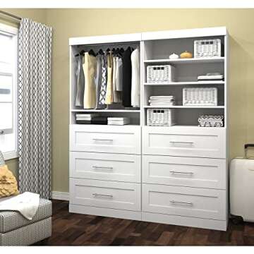 Bestar Wardrobe Closet Organizer System 72-inch with Drawers for Bedroom, Entryway, Pur Collection, Modern, White