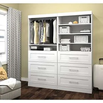 Bestar Wardrobe Closet Organizer System 72-inch with Drawers for Bedroom, Entryway, Pur Collection, Modern, White