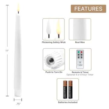 LampLust Flameless Taper Candles, Realistic 3D Flame with Wick, 11 Inch, 4 Pack, WhiteReal Wax, Flickering Flameless Candle LED, Remote & Batteries Included, Home Decor, Mantel & Wedding Centerpieces