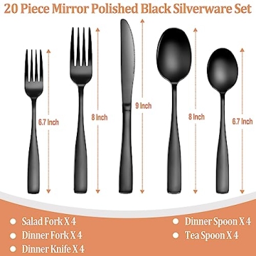 20-Piece Black Silverware Set Stainless Steel Dishwasher Safe
