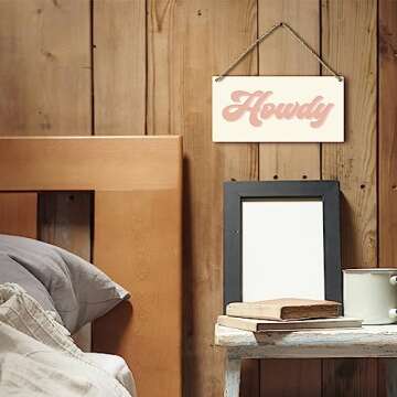 Retro Western Howdy Pink Beige Preppy Boho Printed Wood Plaque Sign Wall Hanging,Rustic Howdy Hangin...