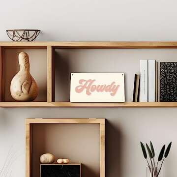 Retro Western Howdy Pink Beige Preppy Boho Printed Wood Plaque Sign Wall Hanging,Rustic Howdy Hanging Wall Signs for Western Home College Dorm Decor 12 x 6 Inches