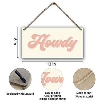 Retro Western Howdy Pink Beige Preppy Boho Printed Wood Plaque Sign Wall Hanging,Rustic Howdy Hanging Wall Signs for Western Home College Dorm Decor 12 x 6 Inches
