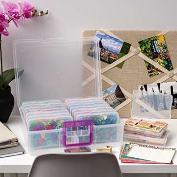 IRIS USA 4" x 6" Photo Storage Craft Keeper, Main Container with 16 Organization Cases for Pictures, Crafts, Scrapbooking, Stationery Storage, Protection and Organizations, Violet/Clear