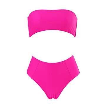 OMKAGI Women Strapless Swimsuits High Waisted Two Piece Solid Bandeau Bikini Set(Medium,Hot Pink)