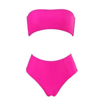 OMKAGI Women Strapless Swimsuits High Waisted Two Piece Solid Bandeau Bikini Set(Medium,Hot Pink)