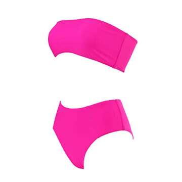OMKAGI Women Strapless Swimsuits High Waisted Two Piece Solid Bandeau Bikini Set(Medium,Hot Pink)